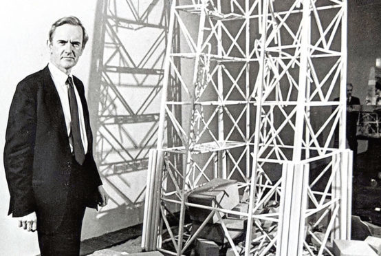 Lord Cullen pictured with a model of the wreckage of the Piper Alpha at the inquiry at Aberdeen Exhibition and Conference Centre in 1989.
