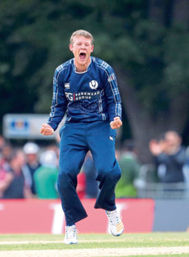 Scotland's Michael Leask celebrates after Pakistan's Asif Ali is caught out during the Second International T20 match at The Grange, Edinburgh. PRESS ASSOCIATION Photo. Picture date: Wednesday June 13, 2018. See PA story CRICKET Scotland. Photo credit should read: Jane Barlow/PA Wire
