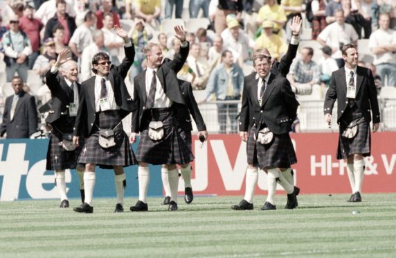 Scotland parade in their kilts prior to kick off.