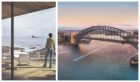 An artist’s impression for a proposed building at the Greyhope Bay centre, left, and Sydney harbour, right