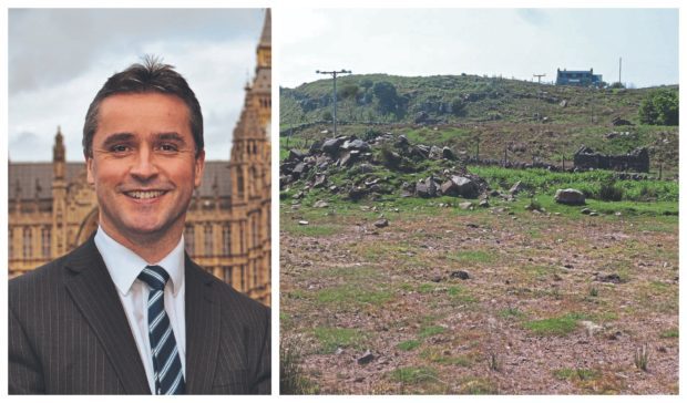 Western Isles MP Angus MacNeil, left, spoke out on Twitter about the cost of the building plot,  right