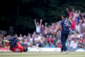 England's Adil Rashid being run out during the One Day International at The Grange, Edinburgh. Photo: Jane Barlow/PA Wire