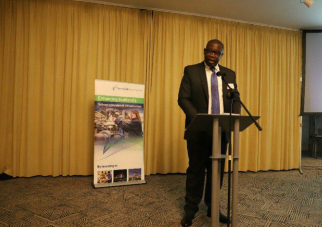 Egbert Faibille Jr speaking at the Aberdeen Grampaian Chamber of Commerce event