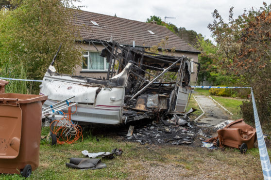 A caravan was completely burnt out by firebugs on Monday evening.