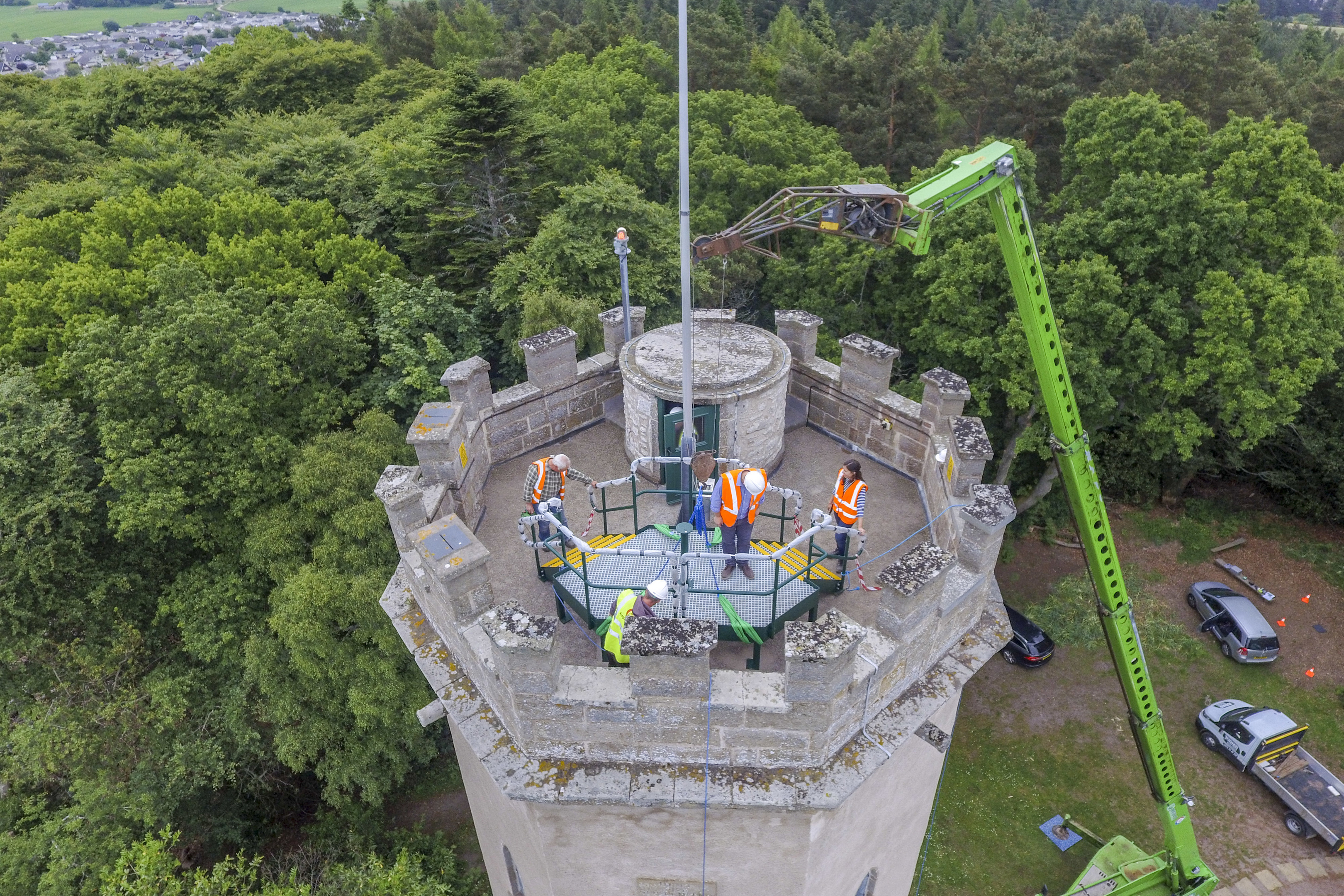 AJ Engineering installed a viewing platform on the roof of Nelson's Tower in Forres, using a telescopic crane. Picture: Marc Hindley