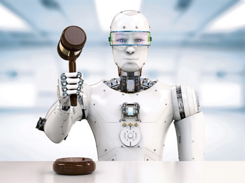 3d rendering robot holding gavel judge