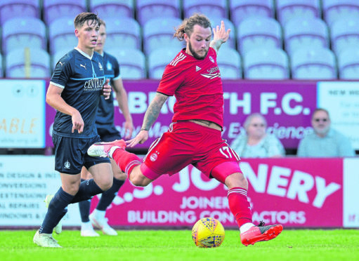 Stevie May of Aberdeen has a shot on goal during the Pre-Season Friendly between Falkirk and Aberdeen at Gayfield Park in Arbroath
Photo by Mark Runnacles/Getty Images.