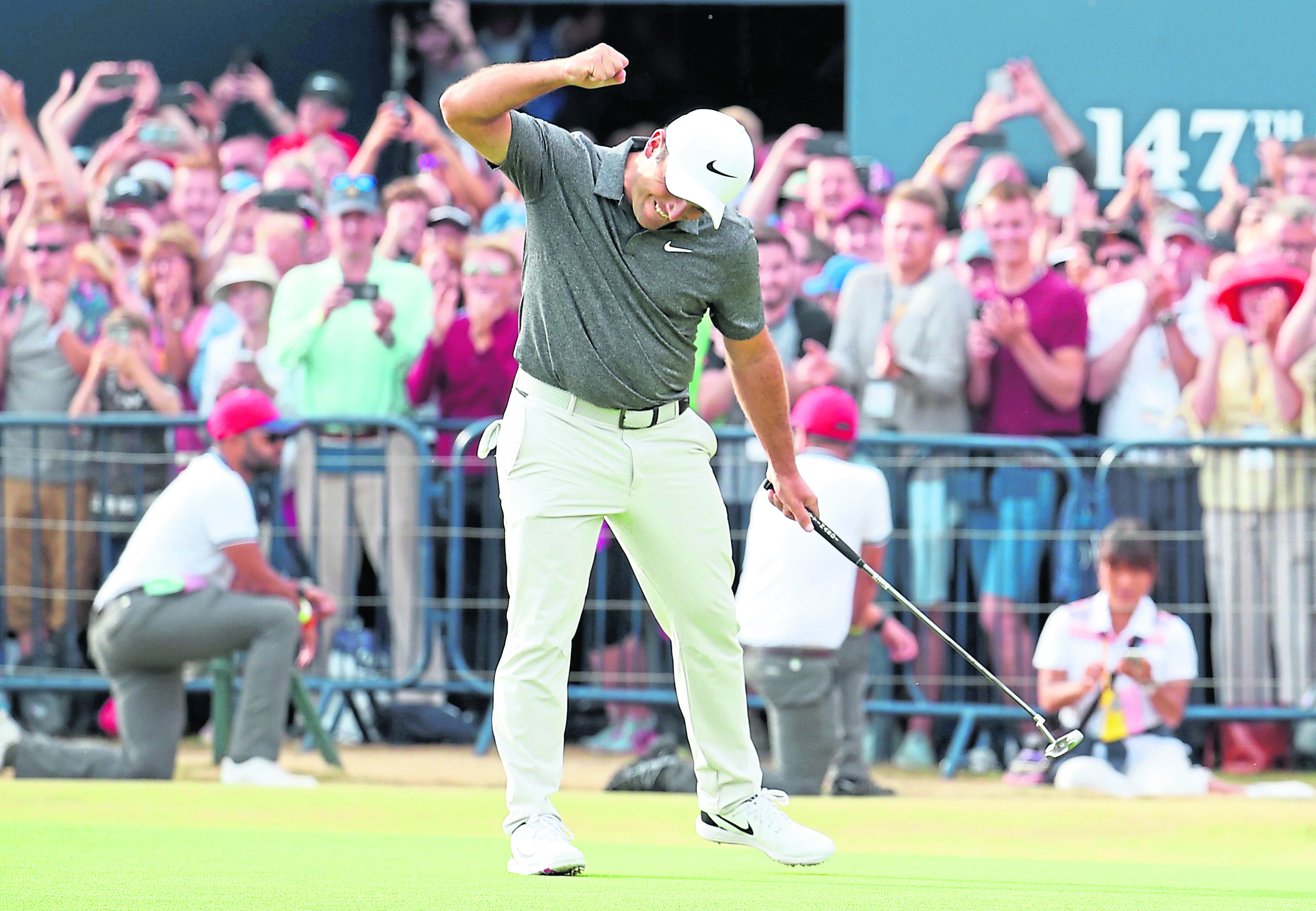 Italy's Francesco Molinari celebrates making a birdie on the 18th during day four of The Open Championship 2018 at Carnoustie Golf Links, Angus.
Photo: Jane Barlow/PA Wire.