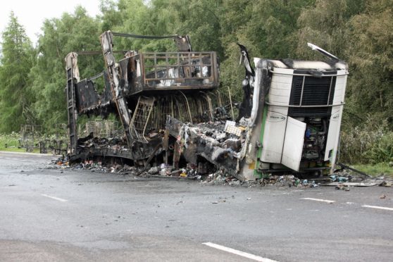 Co-op lorry which was destroyed in a blaze on the A9 which closed the road for about 12 hours