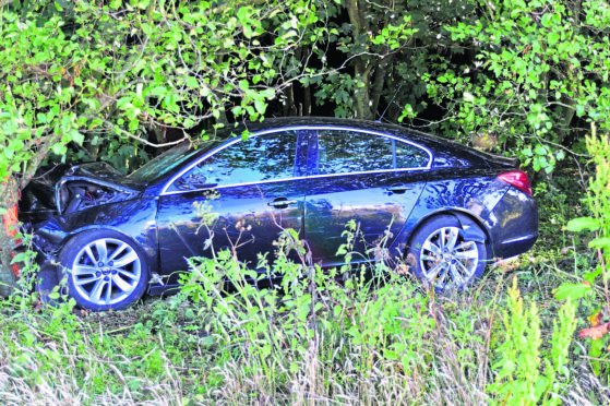 The Vauxhall Insignia which left the road and crashed into trees yesterday.