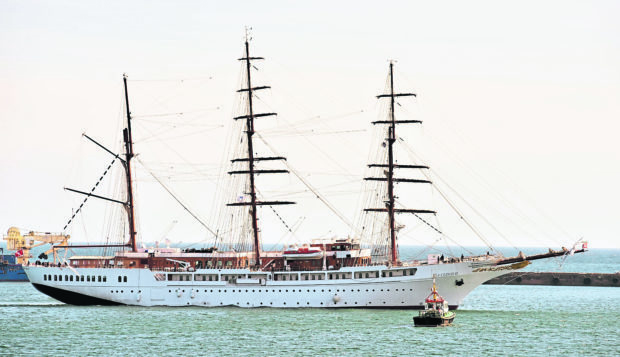 The Sea Cloud II arriving at Peterhead Harbour.