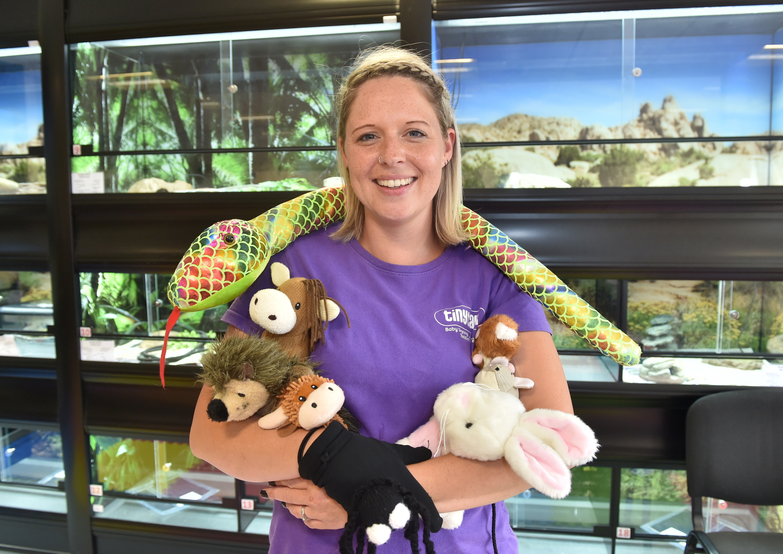 Kate Barrie with some of the cuddly props she uses to teach babies sign language. Picture by Scott Baxter
