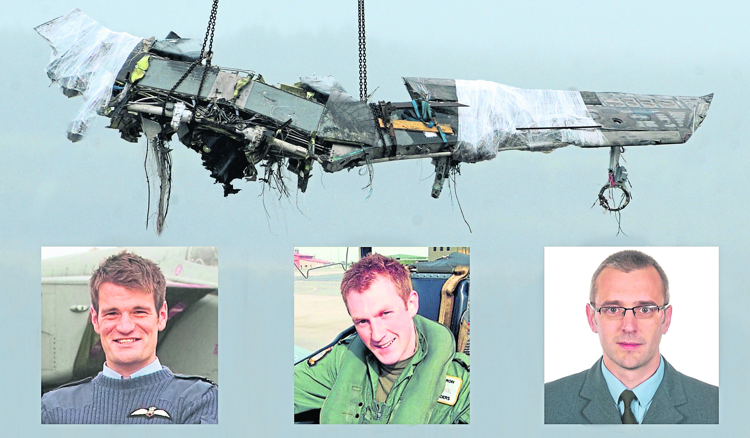Flight Lieutenant Hywel Poole (left), Flight Lieutenant Adam Sanders (centre) and Squadron Leader Samuel Bailey (right) who were killed after a Tornado crash in the Moray Firth.