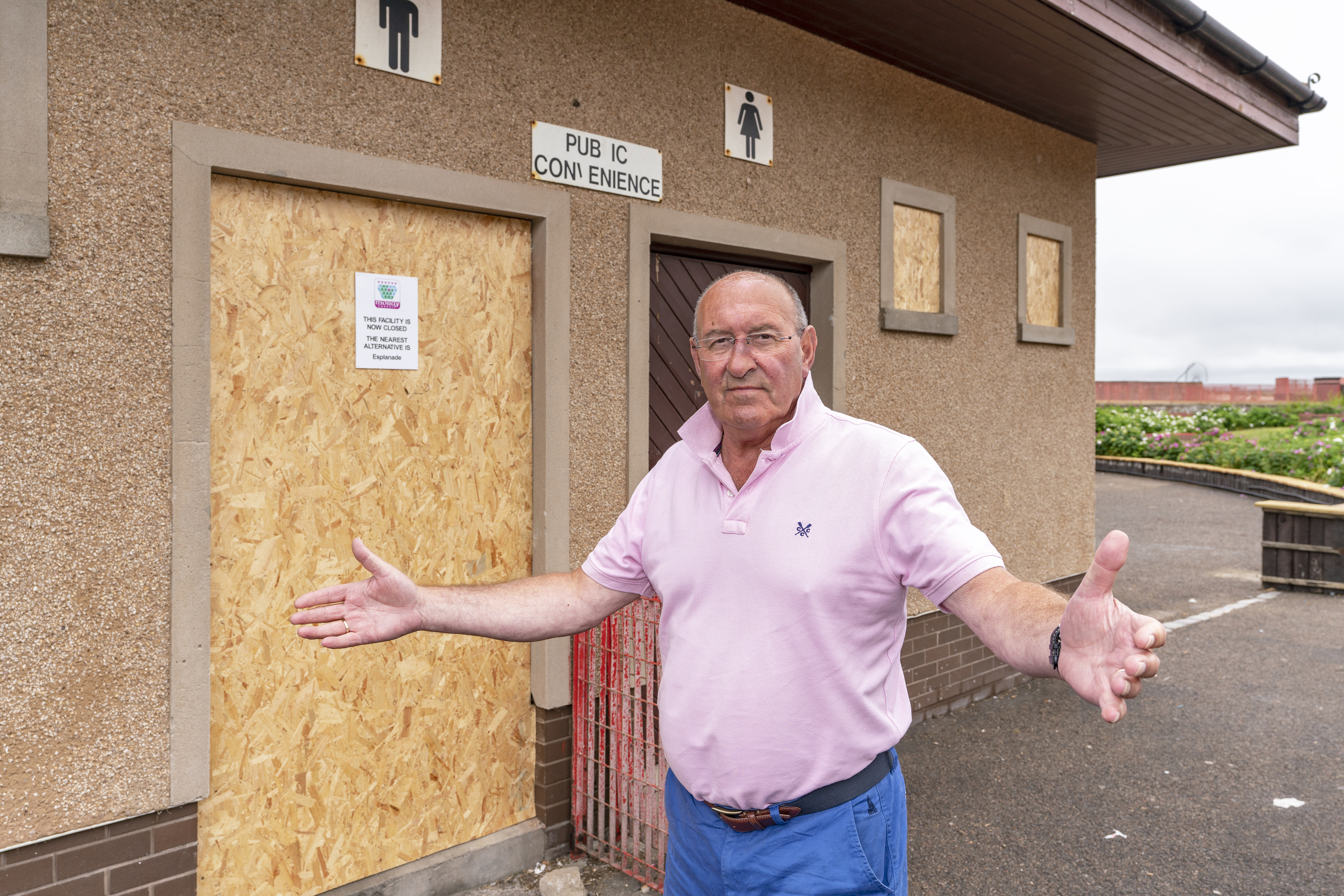 This is the closed public toilets at Station Park Lossiemouth, Moray along with chairman of Lossiemouth Community Council, Mike Mullholland on Wednesday 11 July 2018. Photographed by Brian Smith T/A Jasperimage ©.