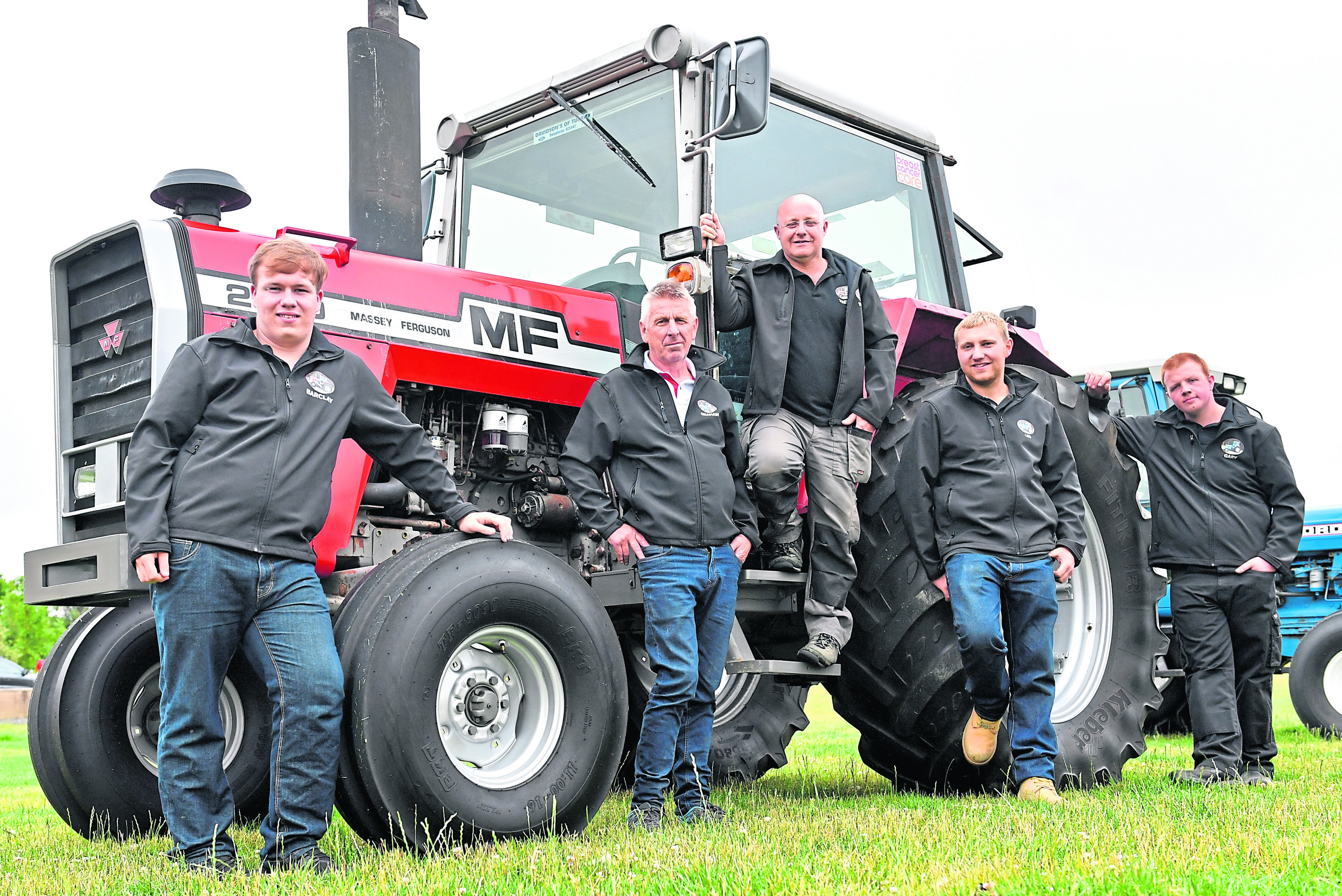 Trevor Gray with his son and three friends are preparing a tractor run from Turriff to Orkney in aid of charity.   
Pictured - L-R Barclay Gray, Graham Smith, Trevor Gray, Lee Murdoch and Gary Morrison.    
Picture by Kami Thomson