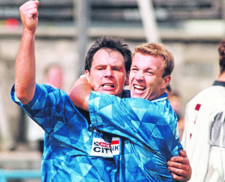 Inverness CT's Alan Hercher (left) celebrates his goal with defender Mark McAllister.