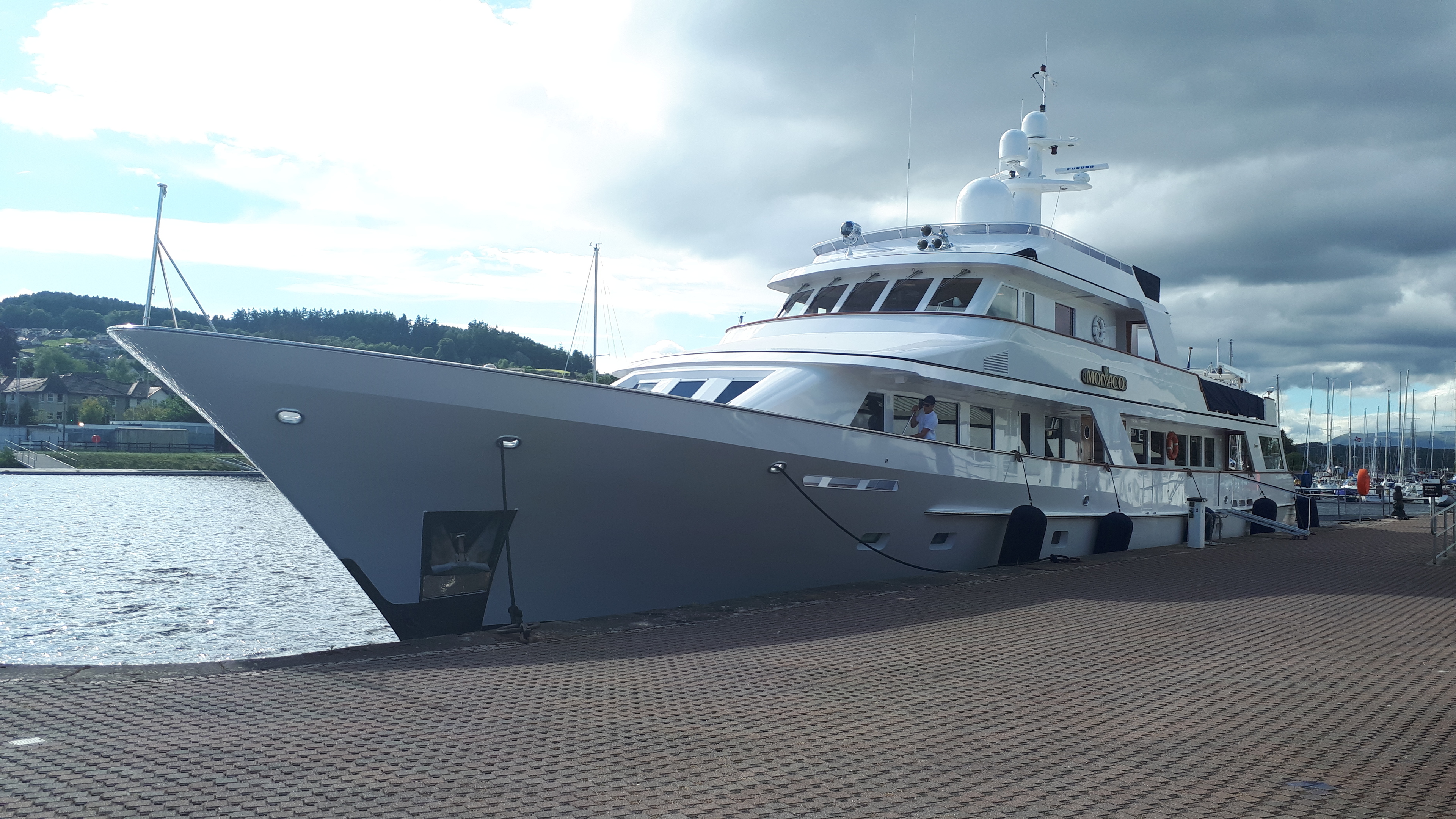 The yacht Monaco berthed at Inverness on a tour of the Highlands
