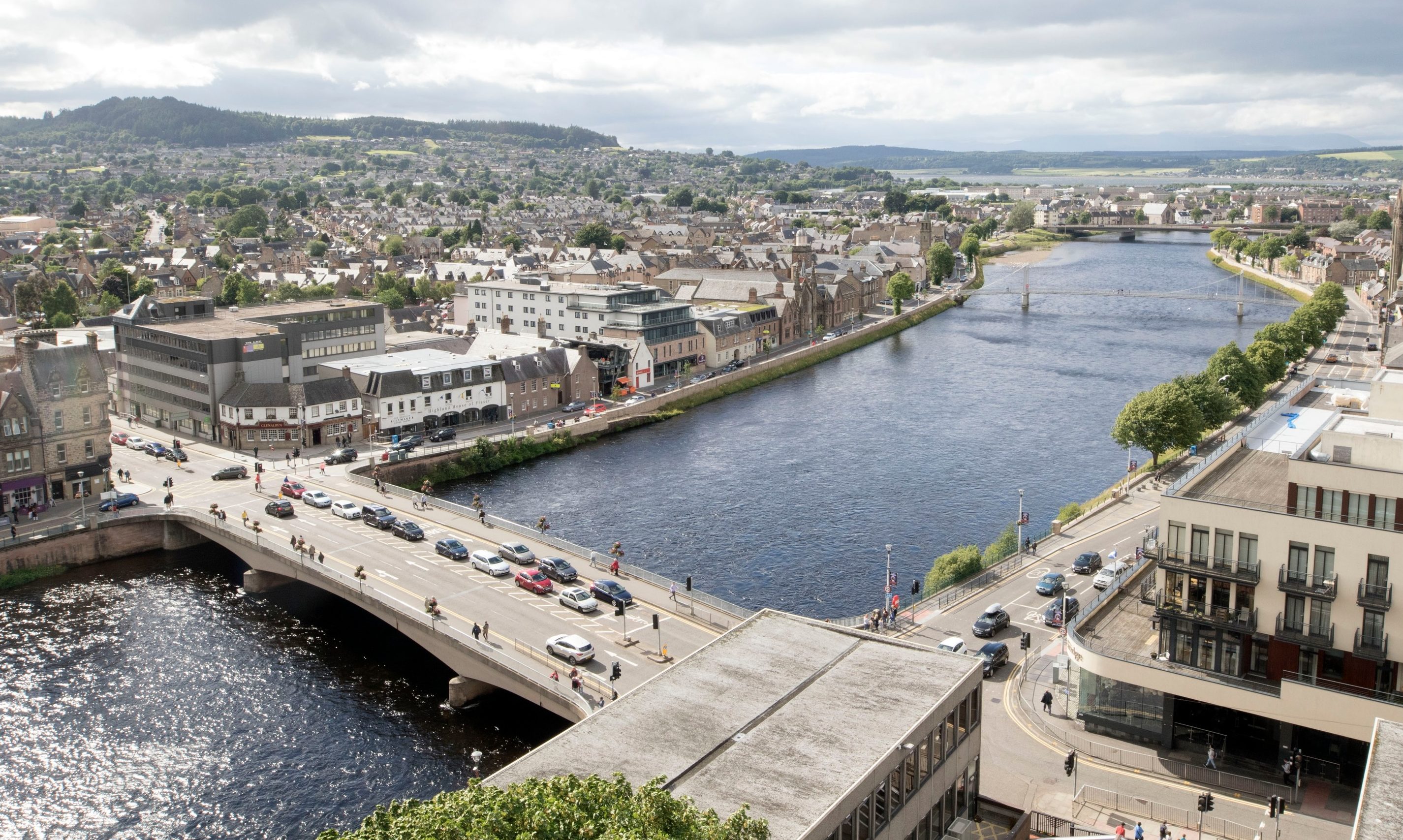 View of the River Ness, Ness Bridge, and western Inverness from the viewpoint at Inverness Castle.