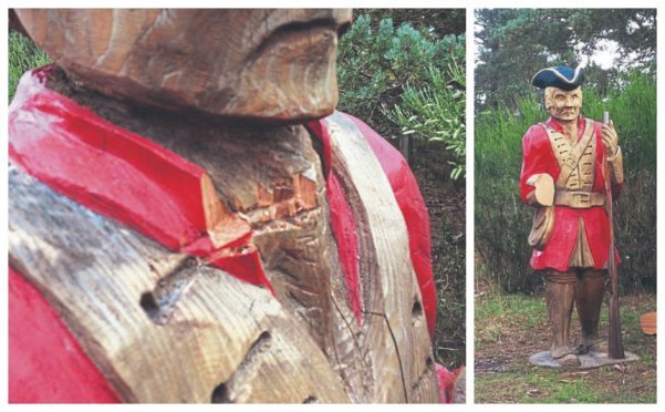 The hand of The Redcoat statue on Dava Way has been cut off and attempts to cut its head off can bee seen