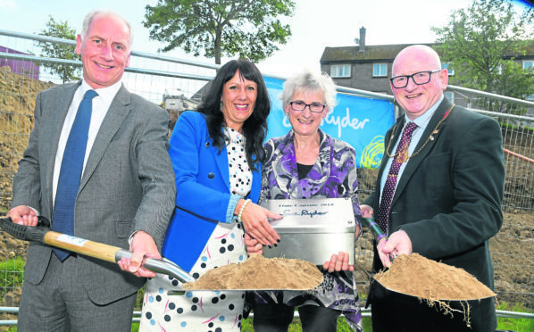 The first sod of the new extension and the burying of a time capsule took place a the Sue Ryder Dee View Court in Kincorth.
Pictured from left are Trevor Garlick OBE Chairman of the Appeal Board, Pamela Mackenzie, Sue Ryder Director of Neerological Services, Shelia Fettes whose brother Stephen is a resident at Dee View Court and Depute Provost Councillor Alan Donnelly.
Picture by Chris Sumner