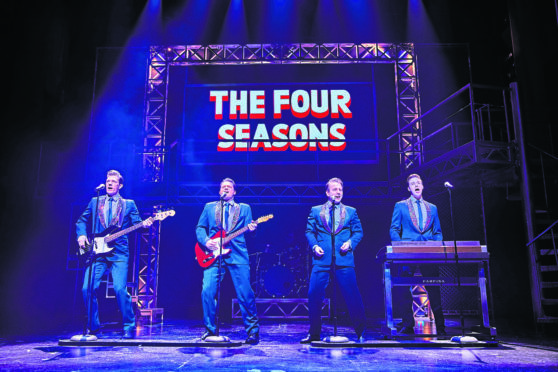 Lewis Griffiths, Simon Bailey, Michael Watson and Declan Egan in Jersey Boys.