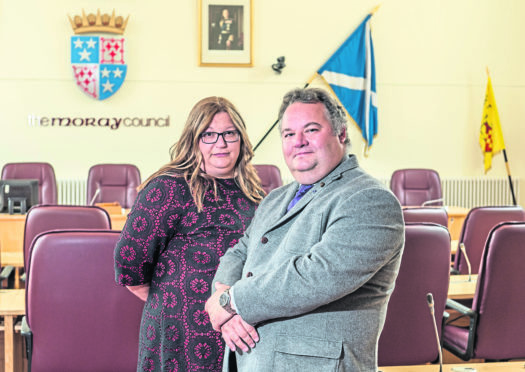 Council Leader Graham Leadbitter and Council convener Shona Morrison inside the Moray Council Chambers in Elgin. Picture by Jason Hedges.