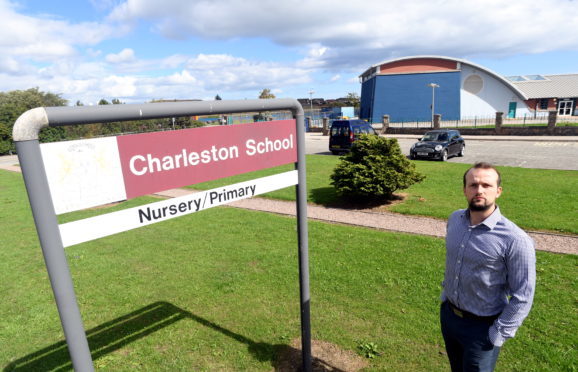 Councillor Stephen Flynn at Charleston Primary School where signs of the use of legal highs were found in the playground.   
Picture by Kami Thomson.