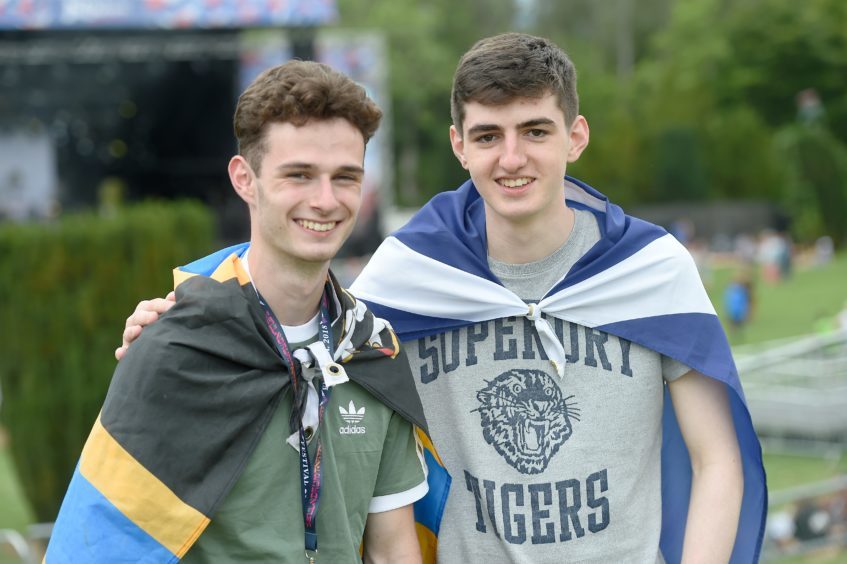 Picture by SANDY McCOOK  3rd August '18
Belladrum 2018 Friday night. 
Morgan Kennedy (left) of Reay and Ewan Adamson of Thurso.