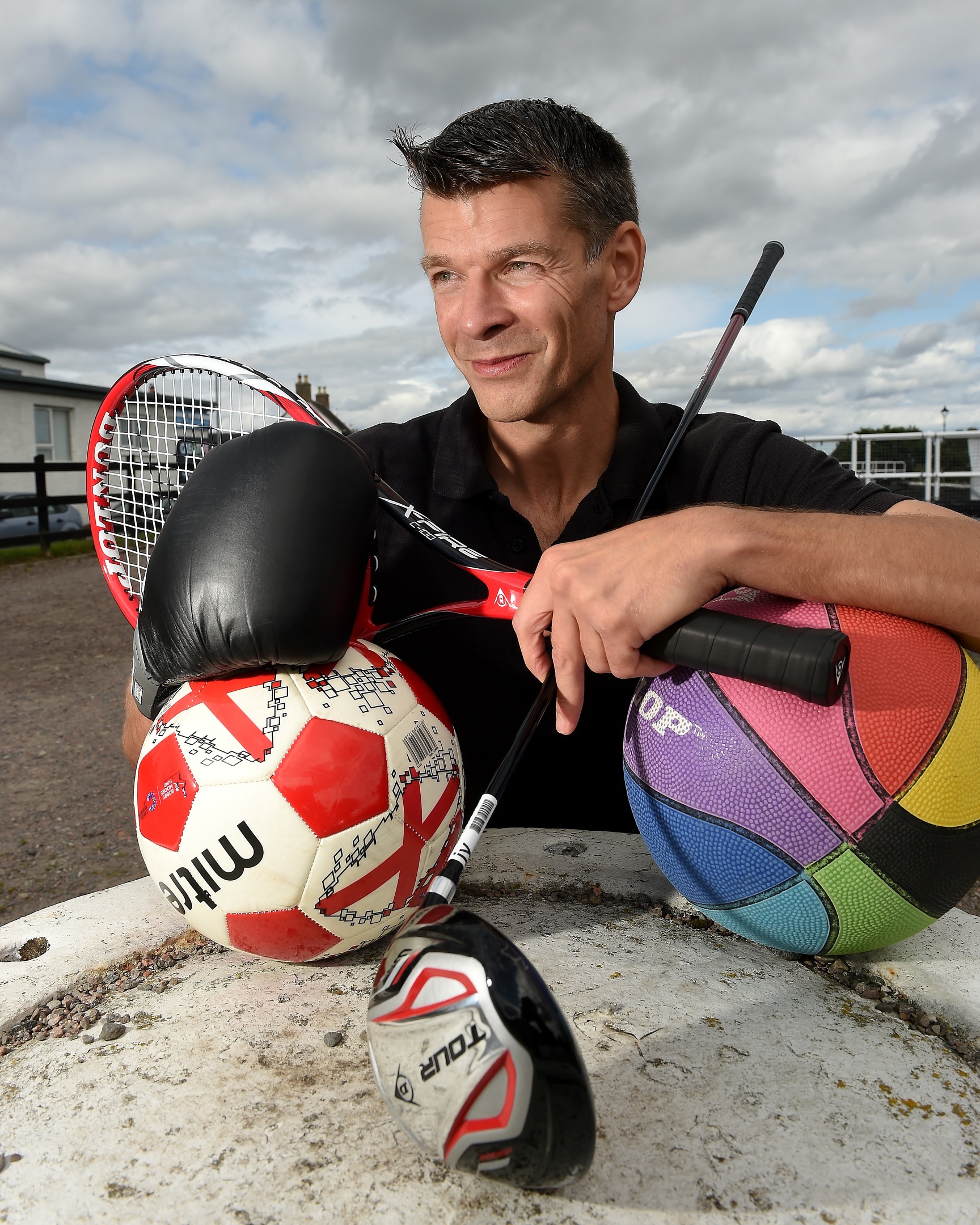 Malcolm MacSween of NessActive, Inverness with some of the sports equipment his charity is lending out for people to try a sport and become more active. Picture by Sandy McCook.