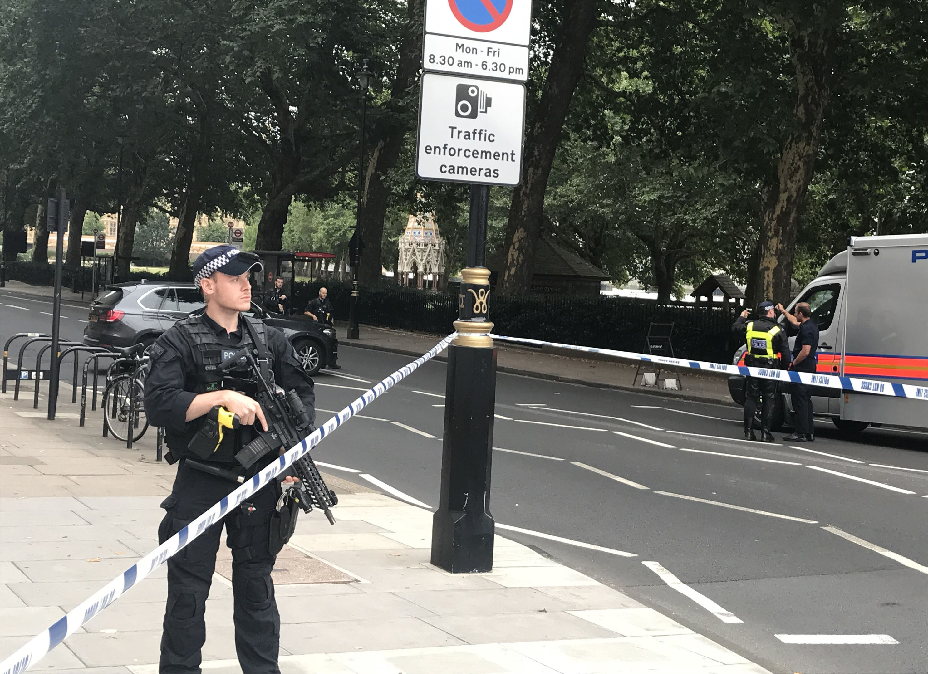 Police activity on Millbank, in central London, after a car crashed into security barriers outside the Houses of Parliament. Photo: Sam Lister/PA Wire