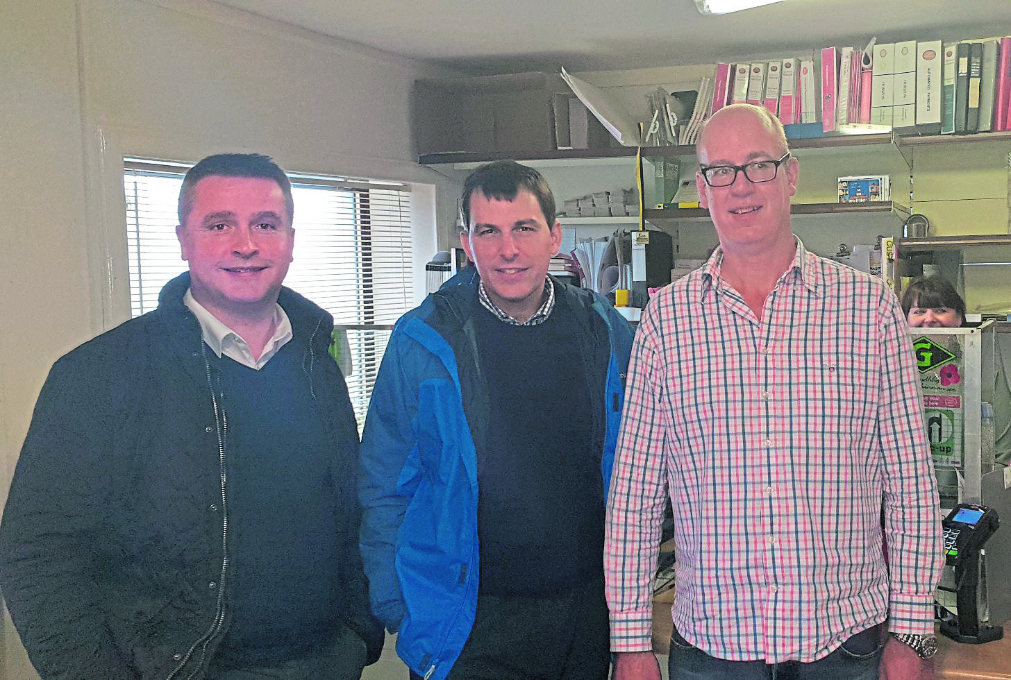 UK Minister John Glen visits Barra over banks
In Castlebay Post Office, which is where people will have to go for banking if the RBS branch closes. L to R are Angus MacNeil MP, UK Treasury Minister John Glen and Chris Dillerstone of the Post Office.