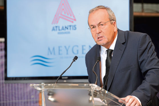 Picture by SANDY McCOOK   12th September '16

First Minister Nicola Sturgeon yesterday unveiled the first  large scale underwater turbine for the Meygen project in the Pentland Firth during a tour of the Meygen Atlantis facilities at the Global Energy Park in Nigg, Easter Ross. Roy MacGregor, Chairman of Global speaks to the invited guests.