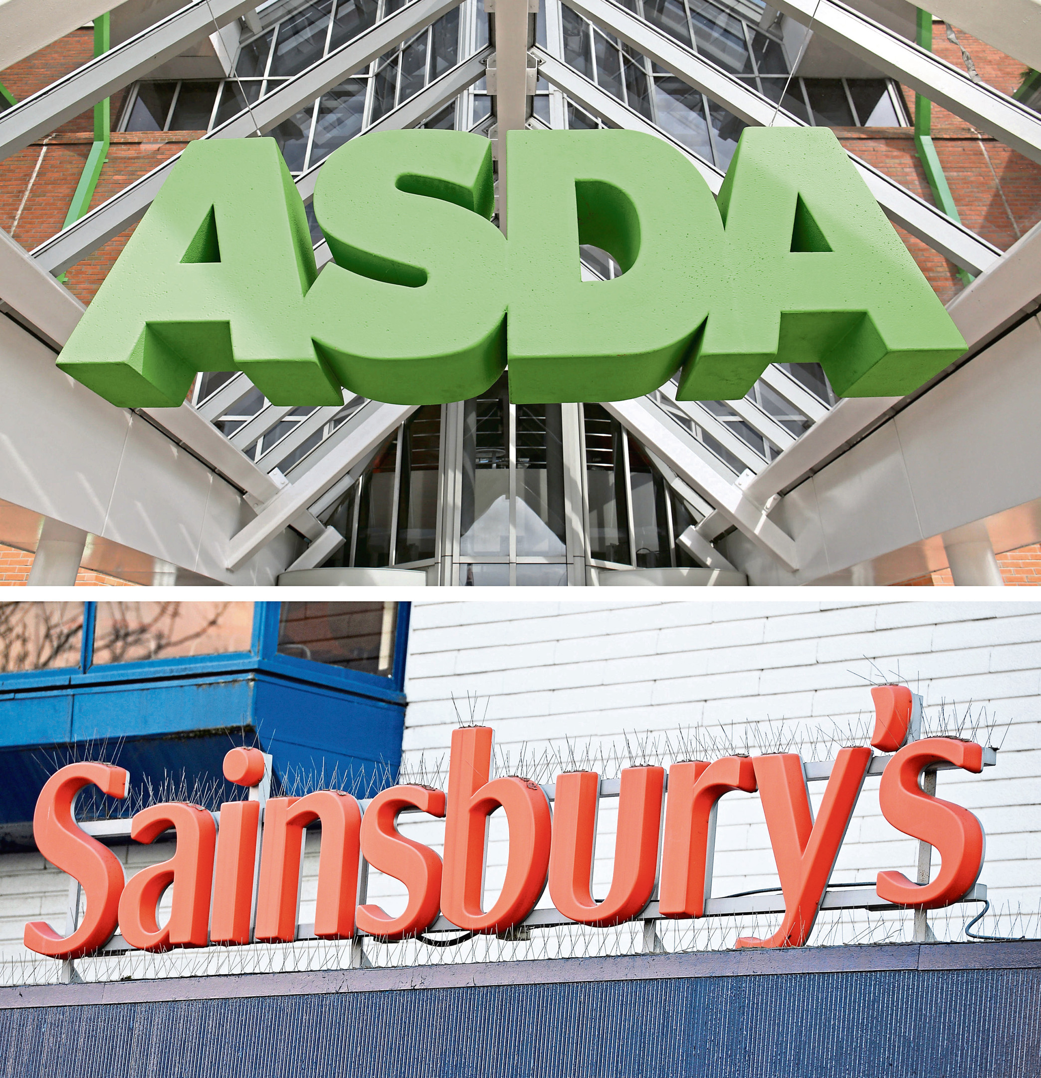Undated file photos of an ASDA and a Sainsbury's sign. Britain's competition watchdog has launched the second stage of its investigation into the proposed £12 billion merger between the supermarkets. PRESS ASSOCIATION Photo. Issue date: Wednesday September 19, 2018. The deal will now be subject to a so-called Phase Two in-depth probe to assess how it could affect competition for UK shoppers, the Competition and Markets Authority (CMA) confirmed. See PA story CITY Sainsbury. Photo credit should read: Yui Mok/PA Wire