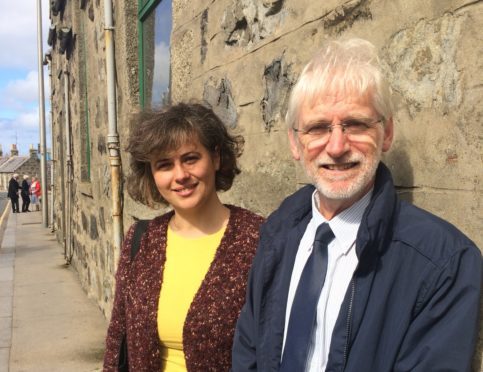 Sofia Oliveira, small grants officer, Fraserburgh 2021 and Jim Buchan, church officer, Fraserburgh Old Parish Church, in front of the Penny Schoolie in Fraserburgh