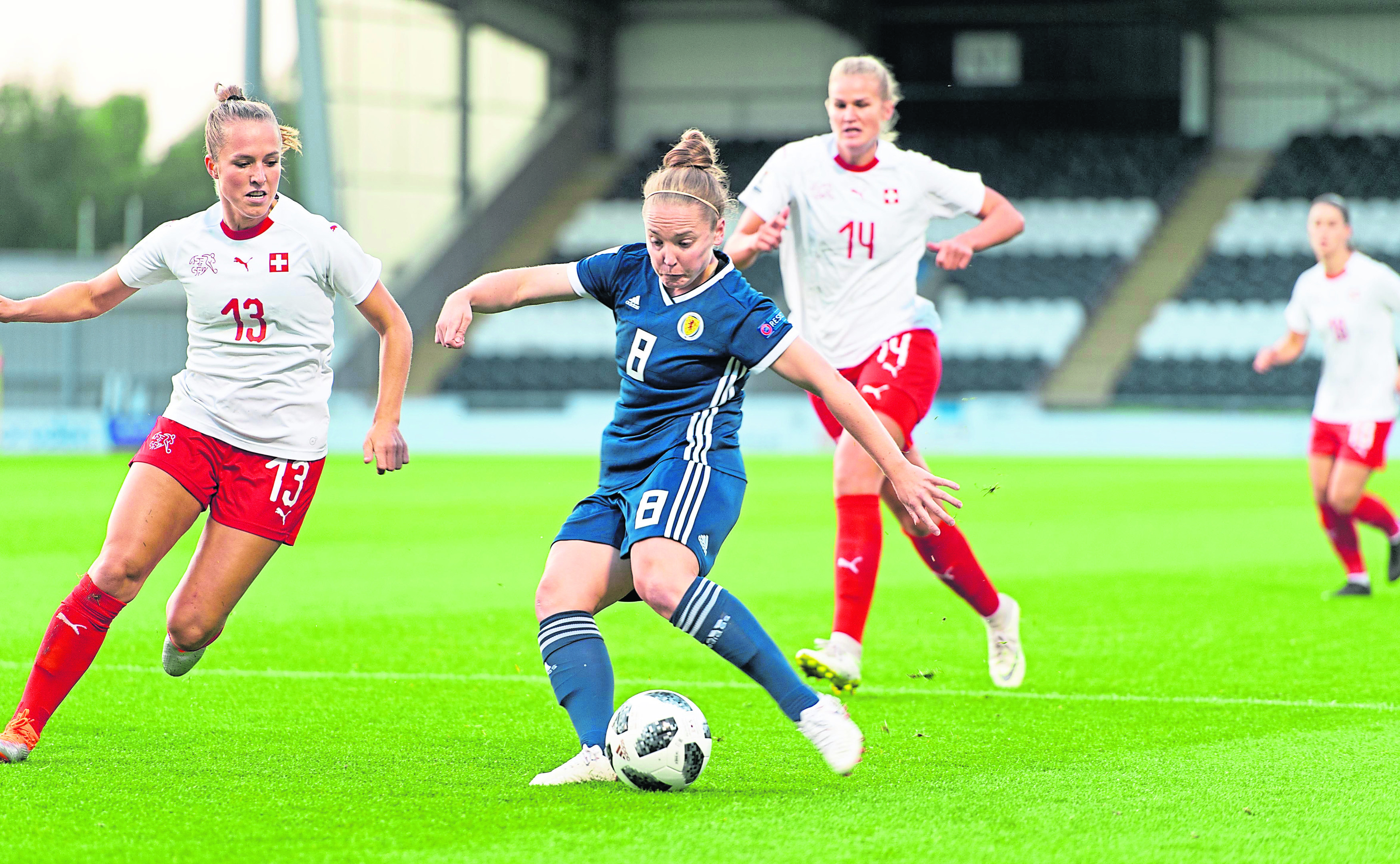 Kim Little of Scotland scores the second goal in the FIFA Women's World Cup 2019 Qualifier between Scotland and Switzerland.