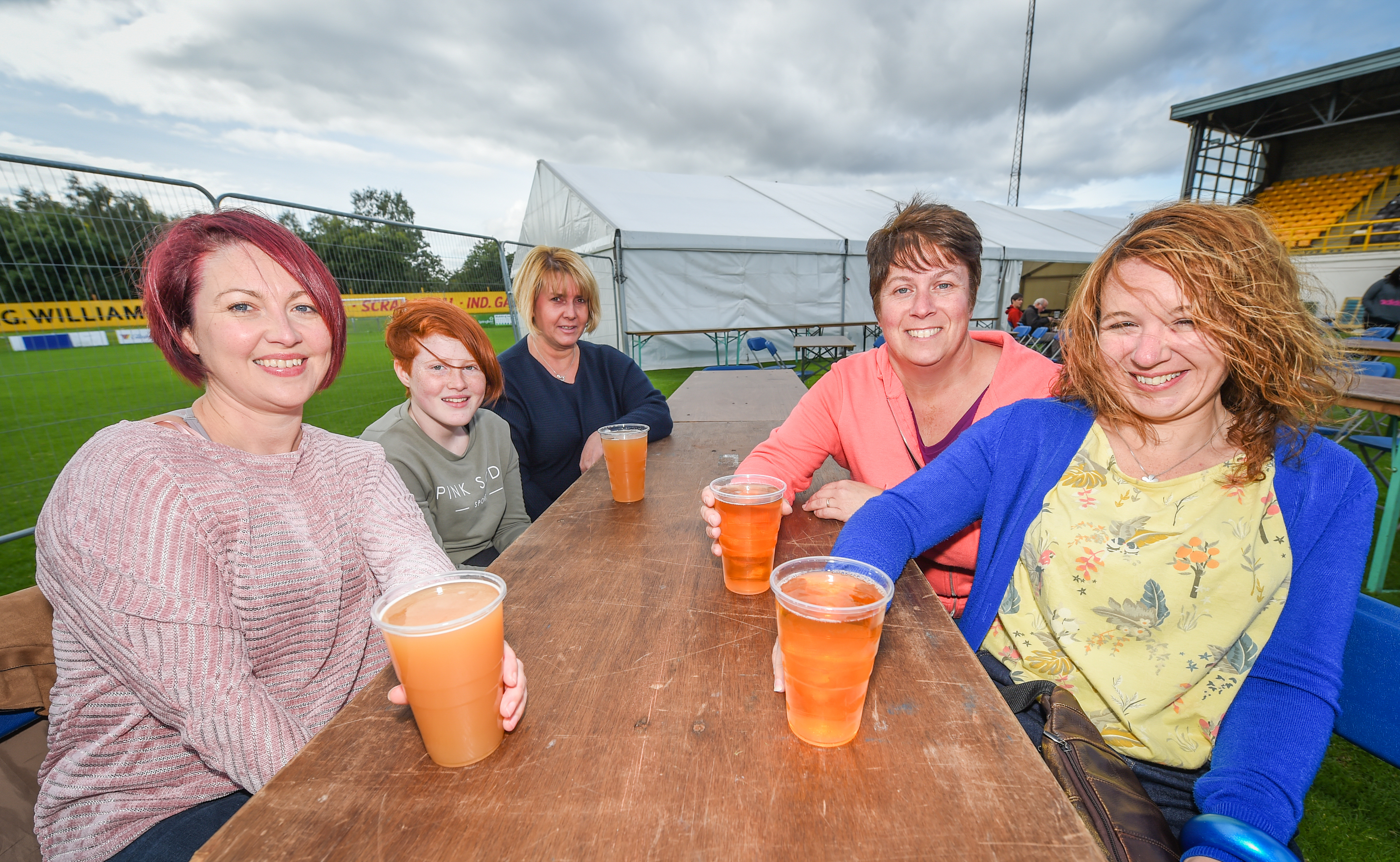 15/09/2018 - Pictures show beer festival goer's at Forres Mechanics Ground where the Pitch Perfect Beer festival is taking place today - Pictures by JASON HEDGES    

Picture L2R - Pauline and Rachael Ballingall, Lynn Allan, Denise Welsh and Melanie Ollvant from Forres.