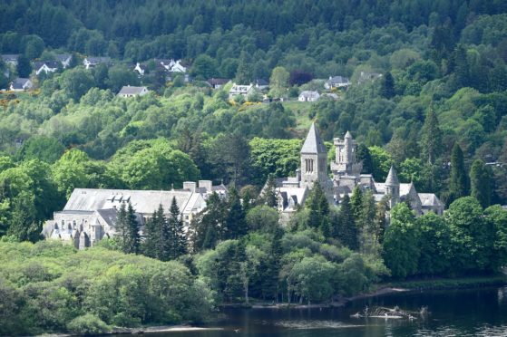 Fort Augustus Abbey with the village of Fort Augustus and the Caledonian Canal.