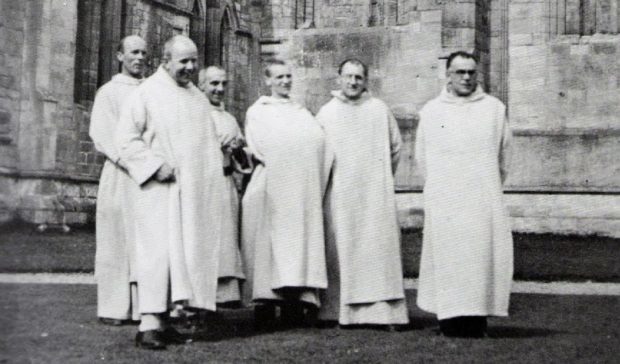 The first monks to return to Pluscarden. Pictured: Brother Andrew Prescott, Dom Ninian Sloane, Brother Cuthbert Swarbrick, Dom Dyfrig Rushton, Dom Maurus Deegan, Dom Brendan McHugh.