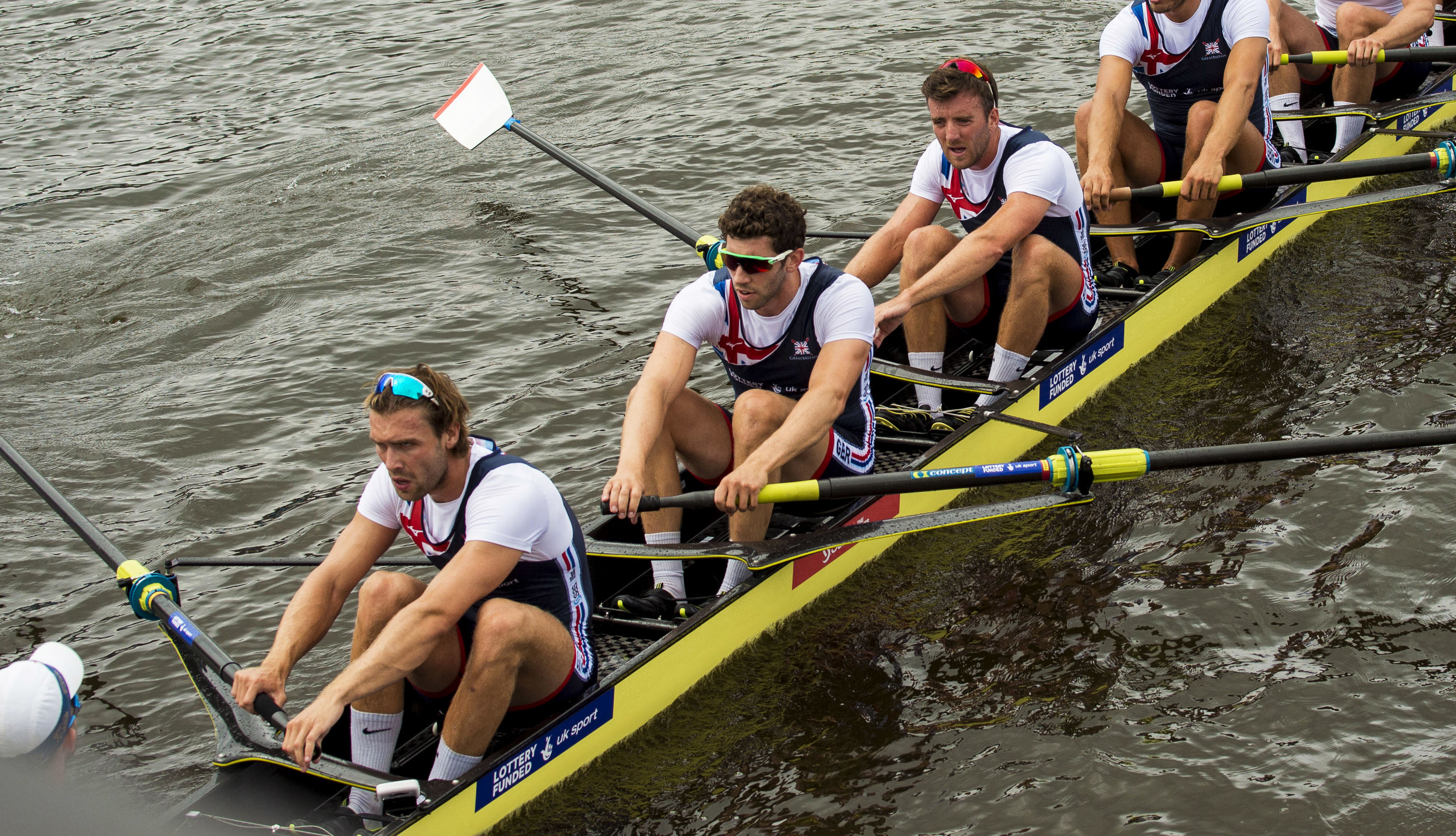 Left-to-right: Oliver Wynne-Griffith, Matthew Tarrant and Alan Sinclair compete in the men's eight at the European Championships in Glasgow.