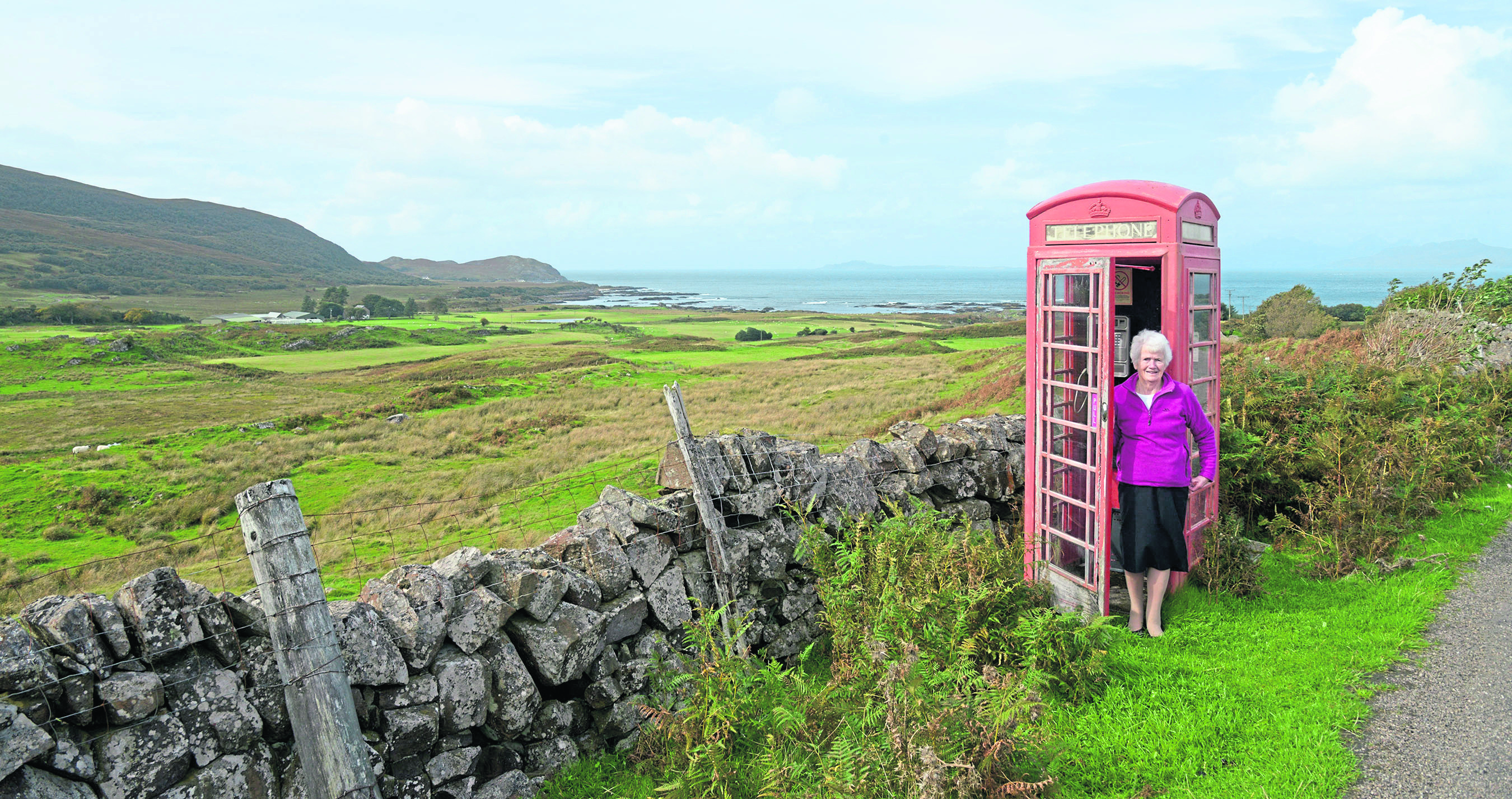 Chrissie MacLachlan at the remote, Kilmory phone box near Kilchoan.