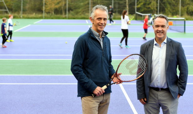 The Chair of Tennis Scotland Scott Martin officially opened the refurbished Aboyne LTC courts on saturday.     
Pictured - Aboyne LTC Chair Brian Howell (left) with Scott Martin at the refurbished courts.    
Picture by Kami Thomson    22-0-9-18