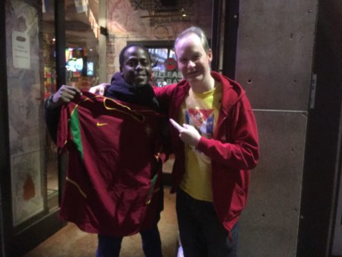 Donald MacLeod and Hugo Rivalta, a Cuban film director who is in Glasgow for the Havana Glasgow Film Festival. He’s a former footballer and is taking strips back to Havana to be given out to Cuban youngsters