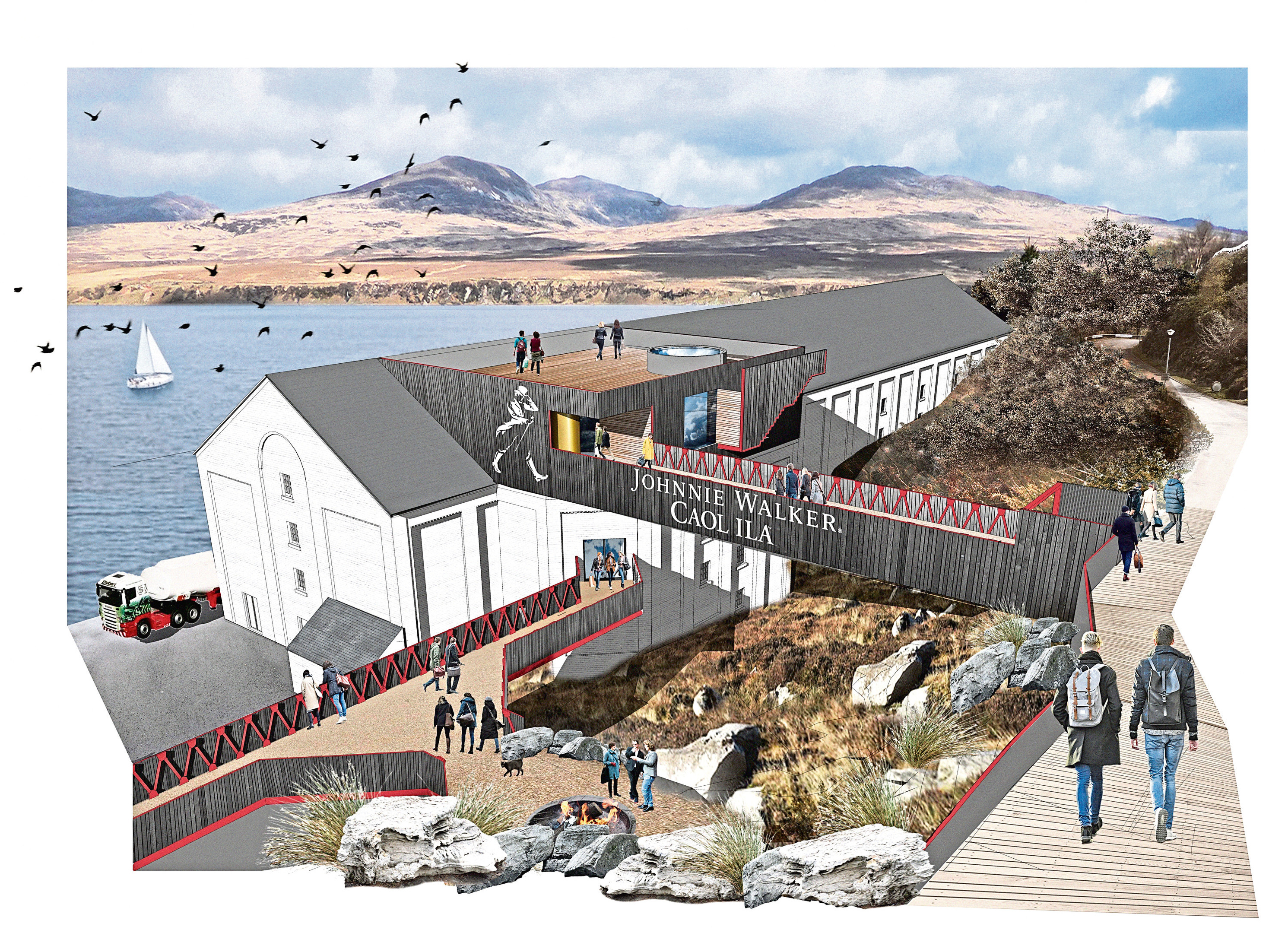 The visitor centre will be built in the warehouse and overlook the Sound of Islay, with a pedestrian bridge on to the roof.