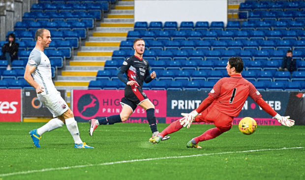 Davis Keillor-Dunn scores his second against Montrose in the IRN-BRU Cup