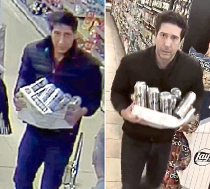 Friends actor David Schwimmer posted a picture of himself with a case of beer in New York after CCTV footage of an alleged beer thief in Blackpool, resembling the actor, left, was posted by police.