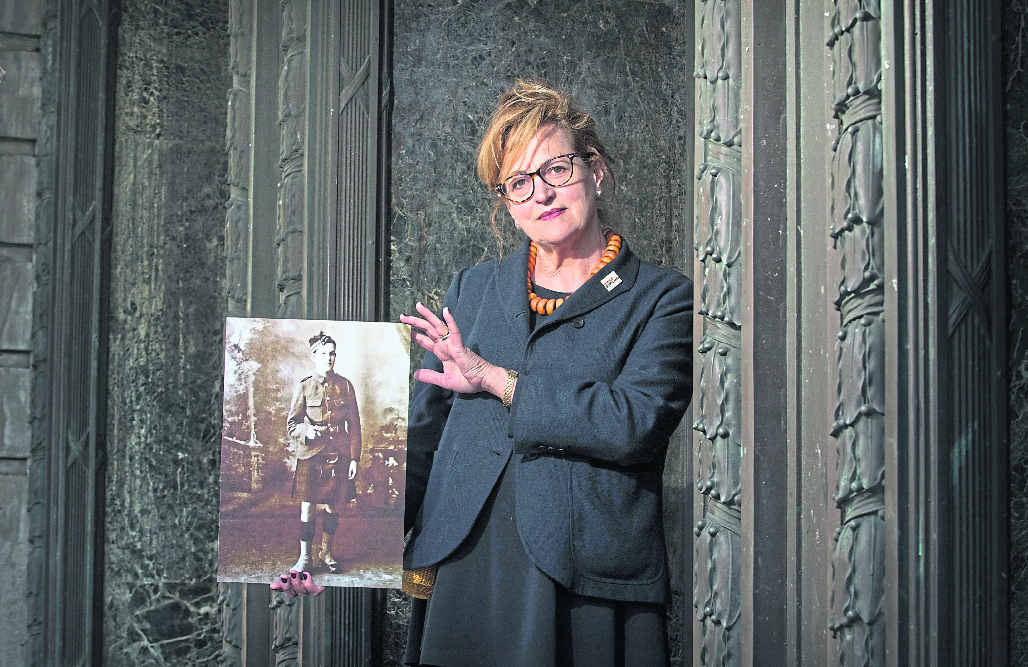 Barbara Dickson outside Edinburgh’s Usher Hall with a portrait of her uncle David Dickson, who died in the Battle of the Somme in 1916