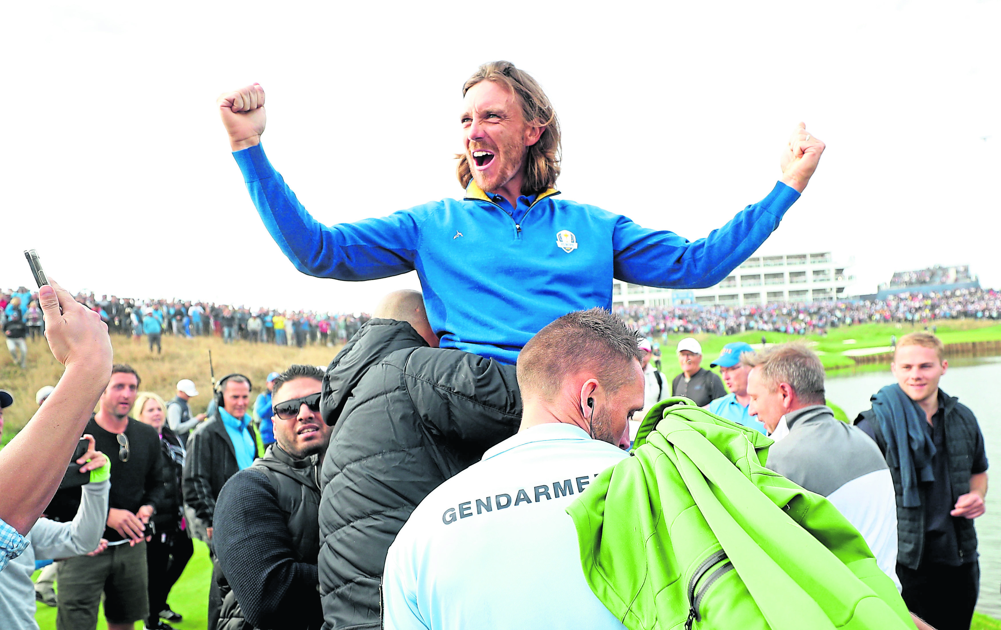 Team Europe's Tommy Fleetwood celebrates after Europe win the Ryder Cup at Le Golf National, Saint-Quentin-en-Yvelines, Paris.