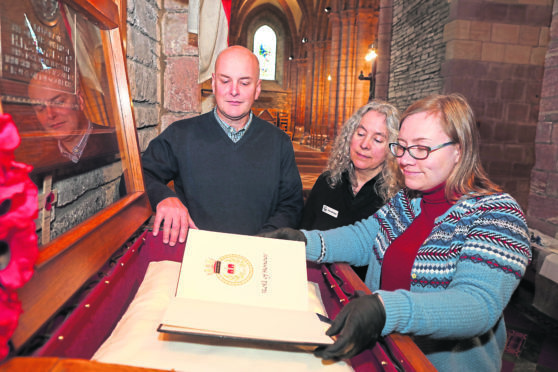 Gareth Derbyshire, chairman of the Royal Oak Association, Fran Hollinrake, custodian at St Magnus Cathedral and Rachael Boak, curator at Orkney Museum.
Picture by Orkney Photographic.