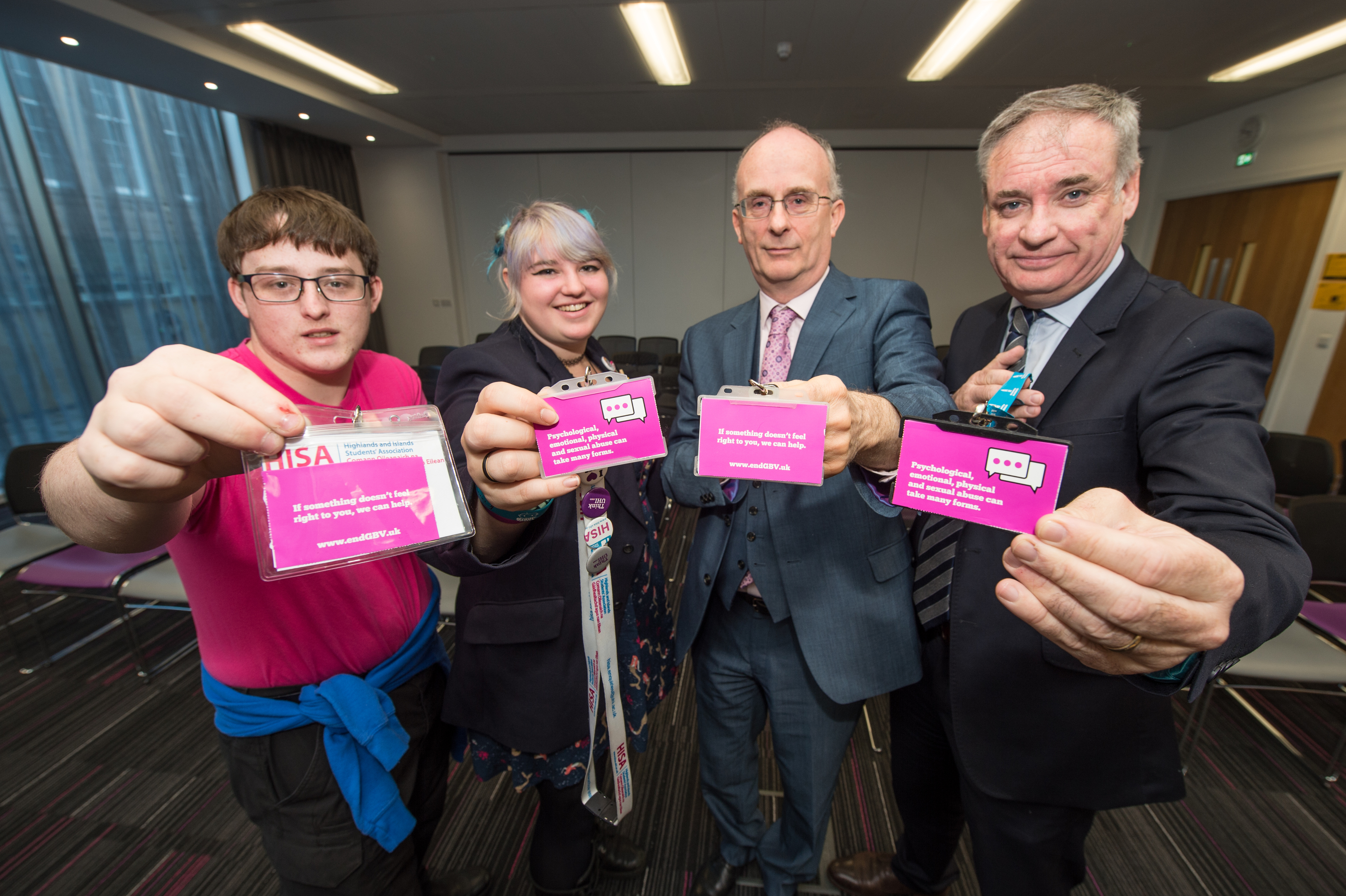 Nathan Sanderson, local officer for Highlands and Islands Student Association, Manon Wells Jesus, local officer for HISA, Moray College principal David Patterson and Minister for Further Education and Higher Education, Richard Lochhead, launch the cards at Moray College UHI.