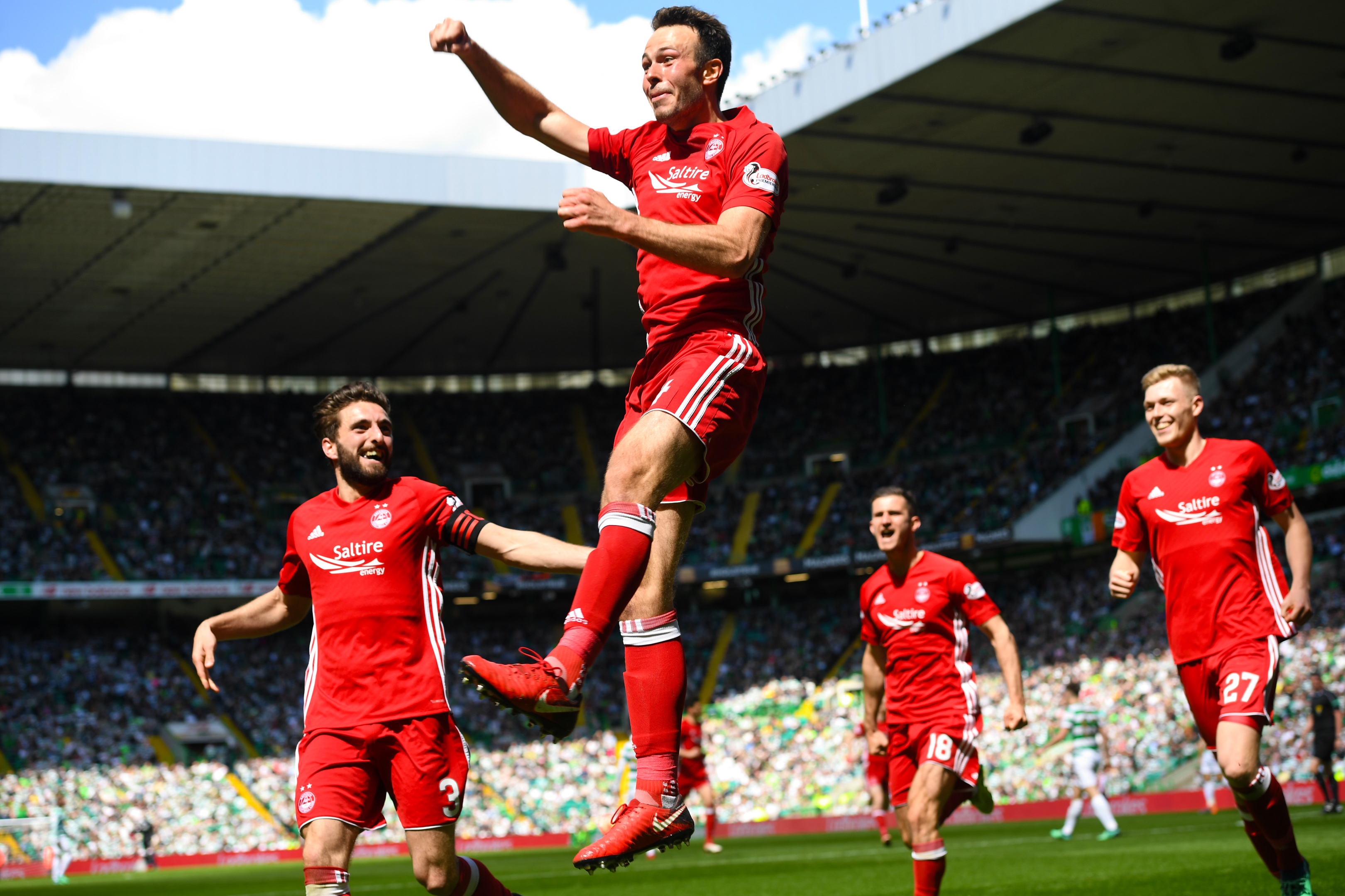 Andy Considine celebrates his winner against Celtic in May 2018. Image: SNS.